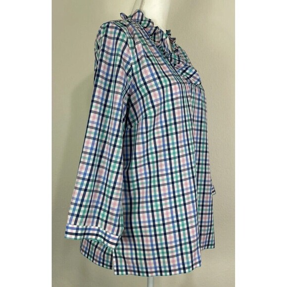 Talbots Petite No Iron Multi Color Ruffle-Neck Popover Gingham Tunic Size 16P - Picture 6 of 13